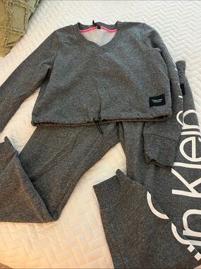Calvin Klein Charcoal Gray V-Neck Sweatshirt and Joggers Set